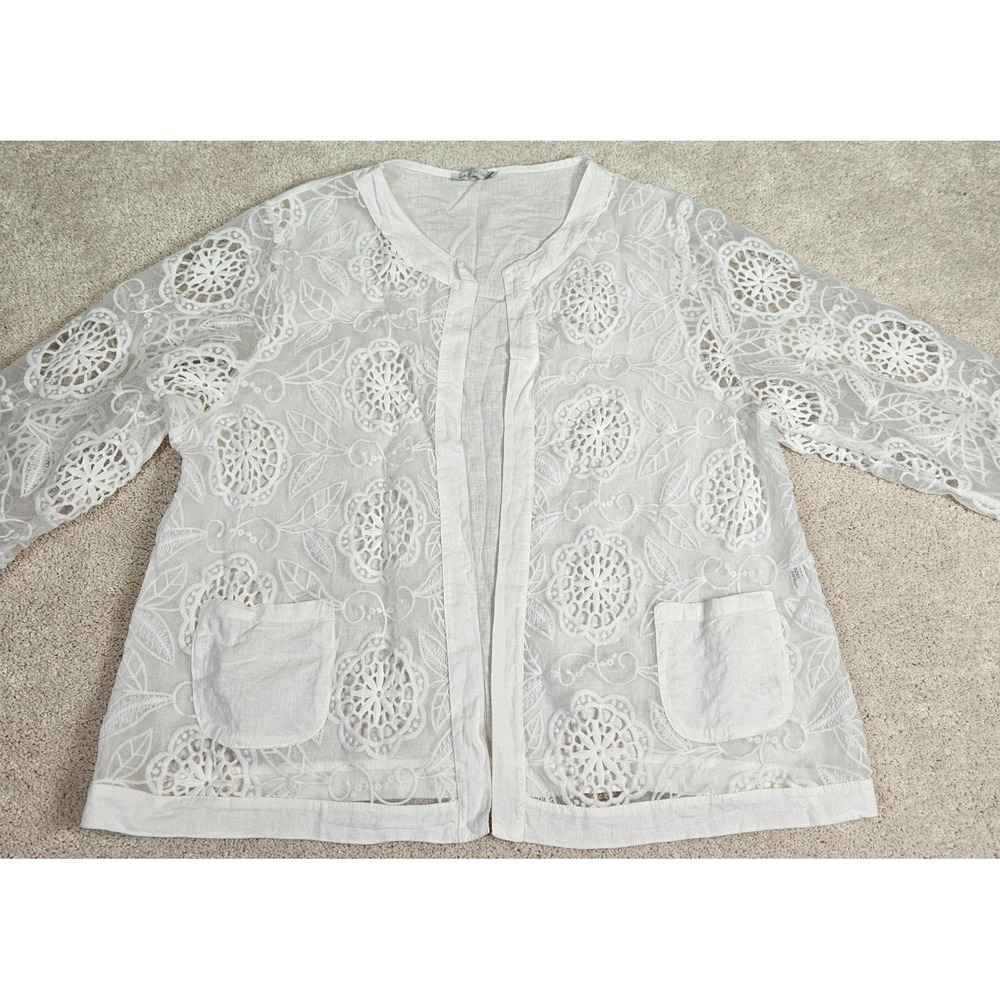 Made in Italy Lace‎ Cardigan L/XL 100% Linen Boho Open-Front Artisan Cottagecore
